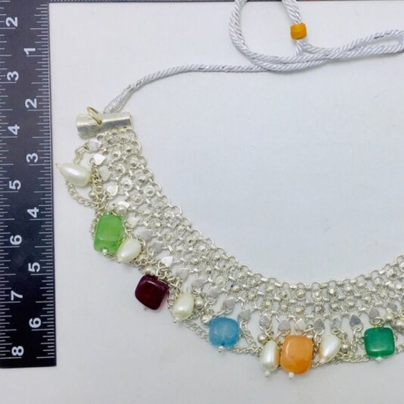 Silver Kuchi Choker Necklace With Multicolor Stones and Pearls - Picture 11 of 13